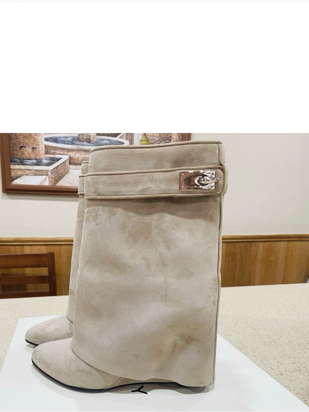 Suede Mid-Calf Wedge Boots in Cream